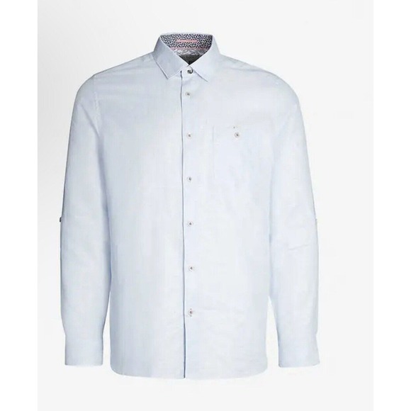 Ted‎ Baker Shirt Mens 5 Blue Long Sleeve Button Down Dress Pocket Linen Blend - Picture 1 of 9